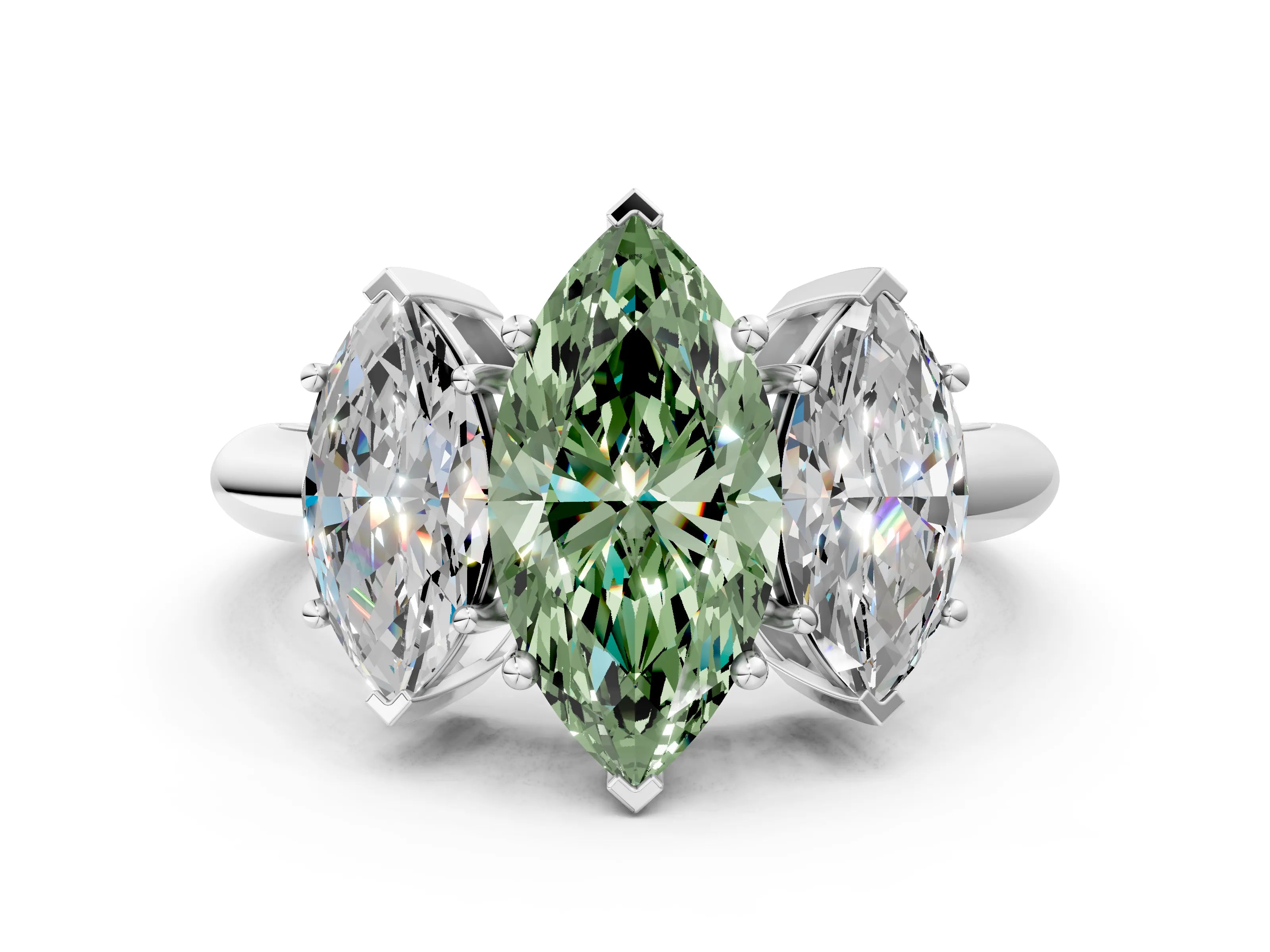 White gold Three-Stone Fancy Green Marquise Cut Cut Diamond Engagement Ring with Prong Setting on a White Gold Band_60