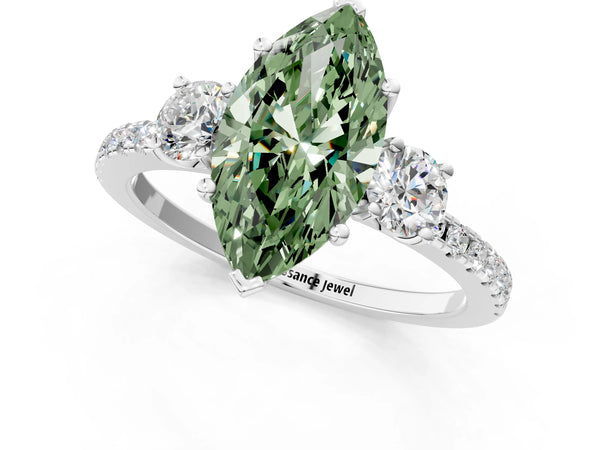 White gold Three-Stone Fancy Green Marquise Cut Cut Diamond Pavé Band with Prong Setting