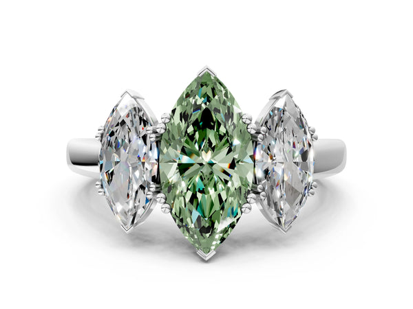 Platinum Three-Stone Fancy Green Marquise Cut Cut Diamond Ring with Channel Set Band and Four-Prong Setting