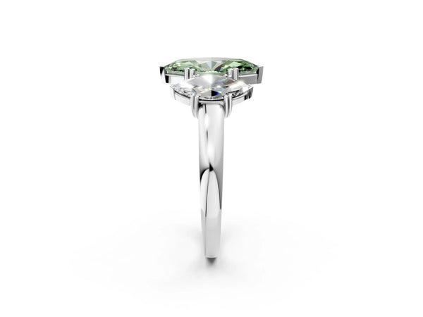 Platinum Three-Stone Fancy Green Marquise Cut Cut Diamond Ring with Channel Set Band and Four-Prong Setting