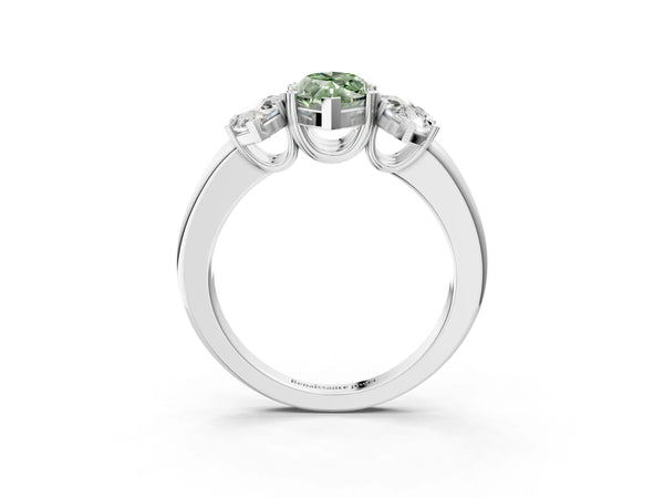Platinum Three-Stone Fancy Green Marquise Cut Cut Diamond Ring with Channel Set Band and Four-Prong Setting