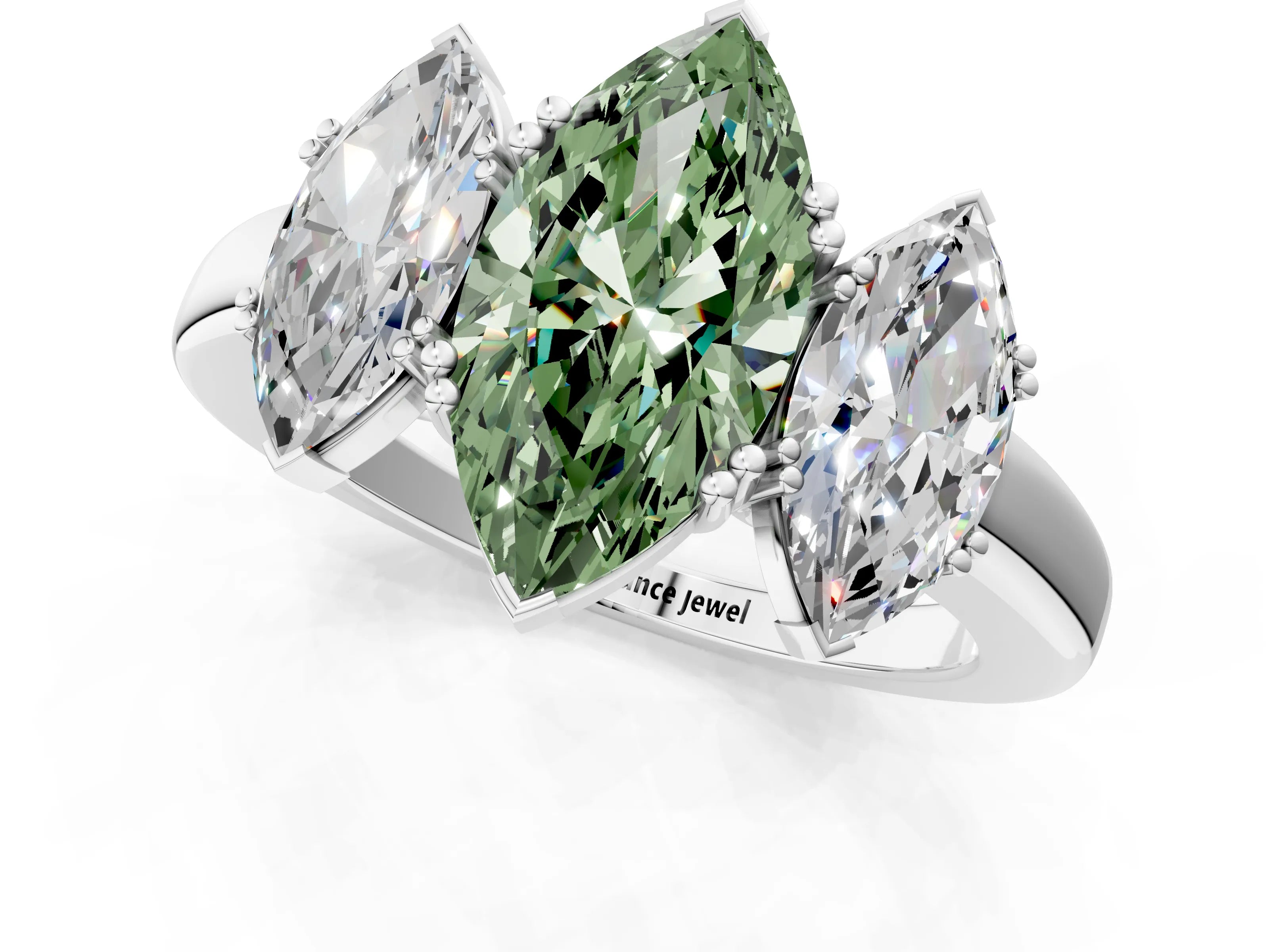 White gold Three-Stone Fancy Green Marquise Cut Cut Diamond Ring with Channel Set Band and Four-Prong Setting_1