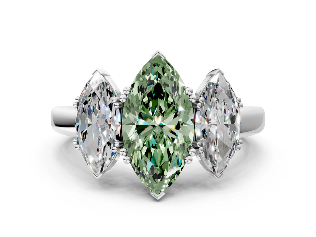 White gold Three-Stone Fancy Green Marquise Cut Cut Diamond Ring with Channel Set Band and Four-Prong Setting_24