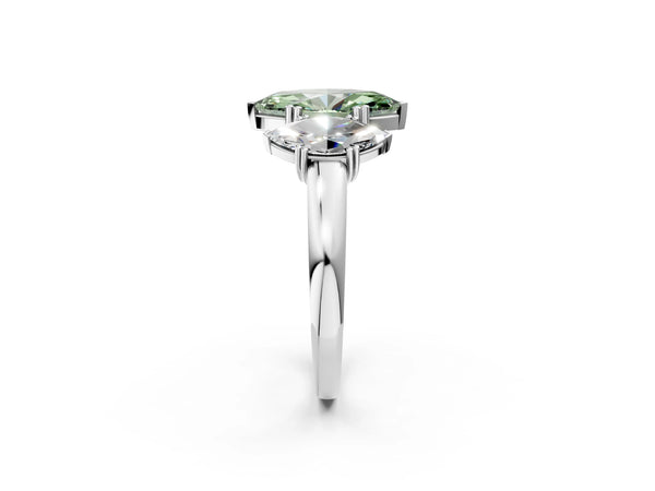 Platinum Three-Stone Fancy Green Marquise Cut Cut Diamond Ring with Channel Set Band and Four-Prong Setting