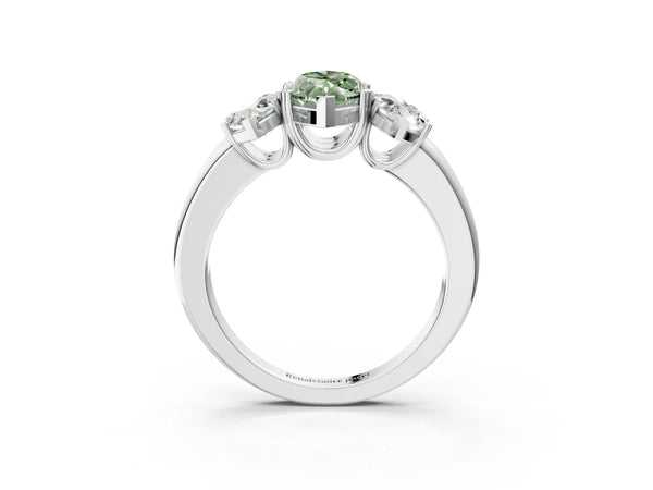 Platinum Three-Stone Fancy Green Marquise Cut Cut Diamond Ring with Channel Set Band and Four-Prong Setting