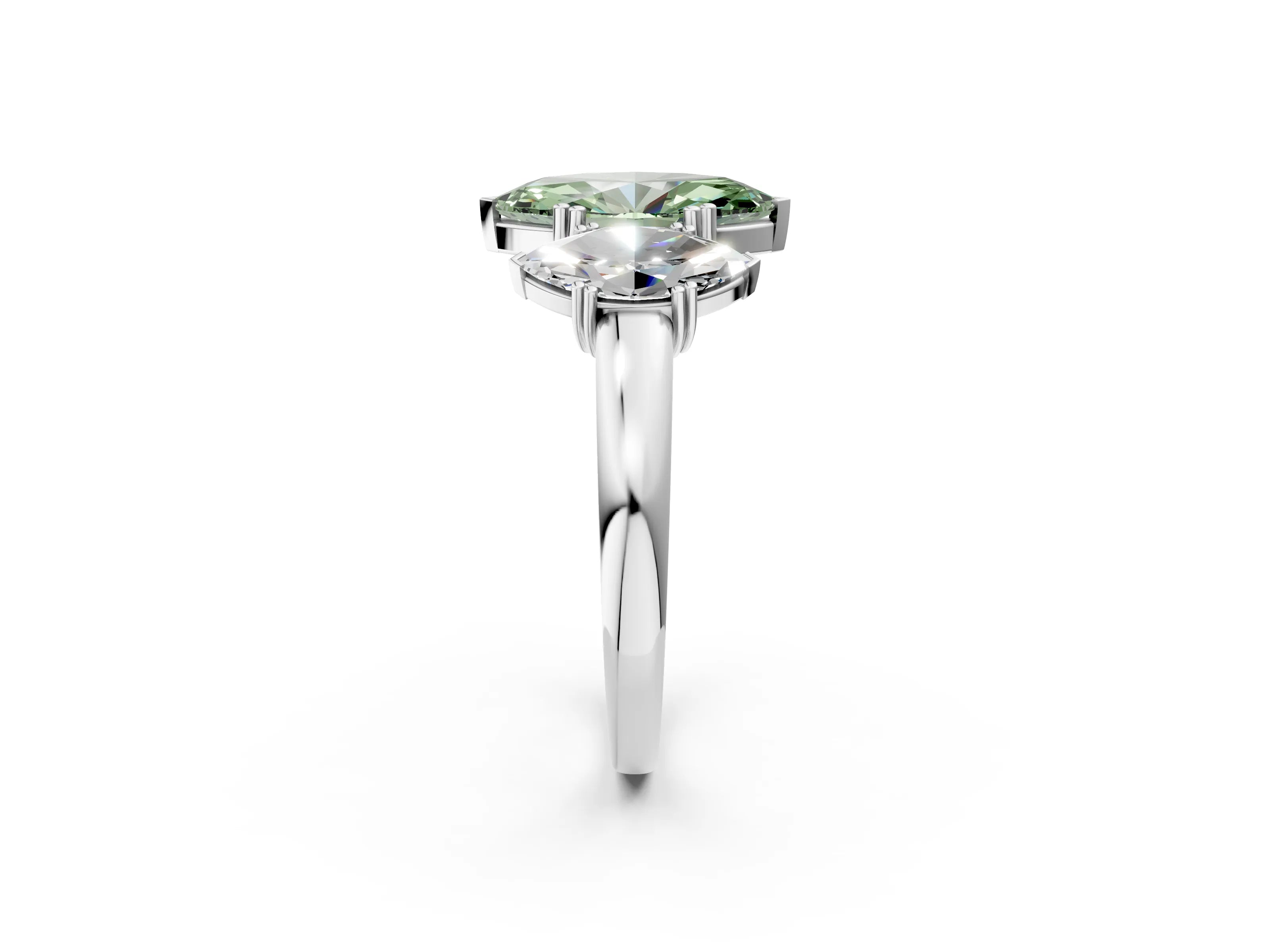 White gold Three-Stone Fancy Green Marquise Cut Cut Diamond Ring with Channel Set Band and Four-Prong Setting_2