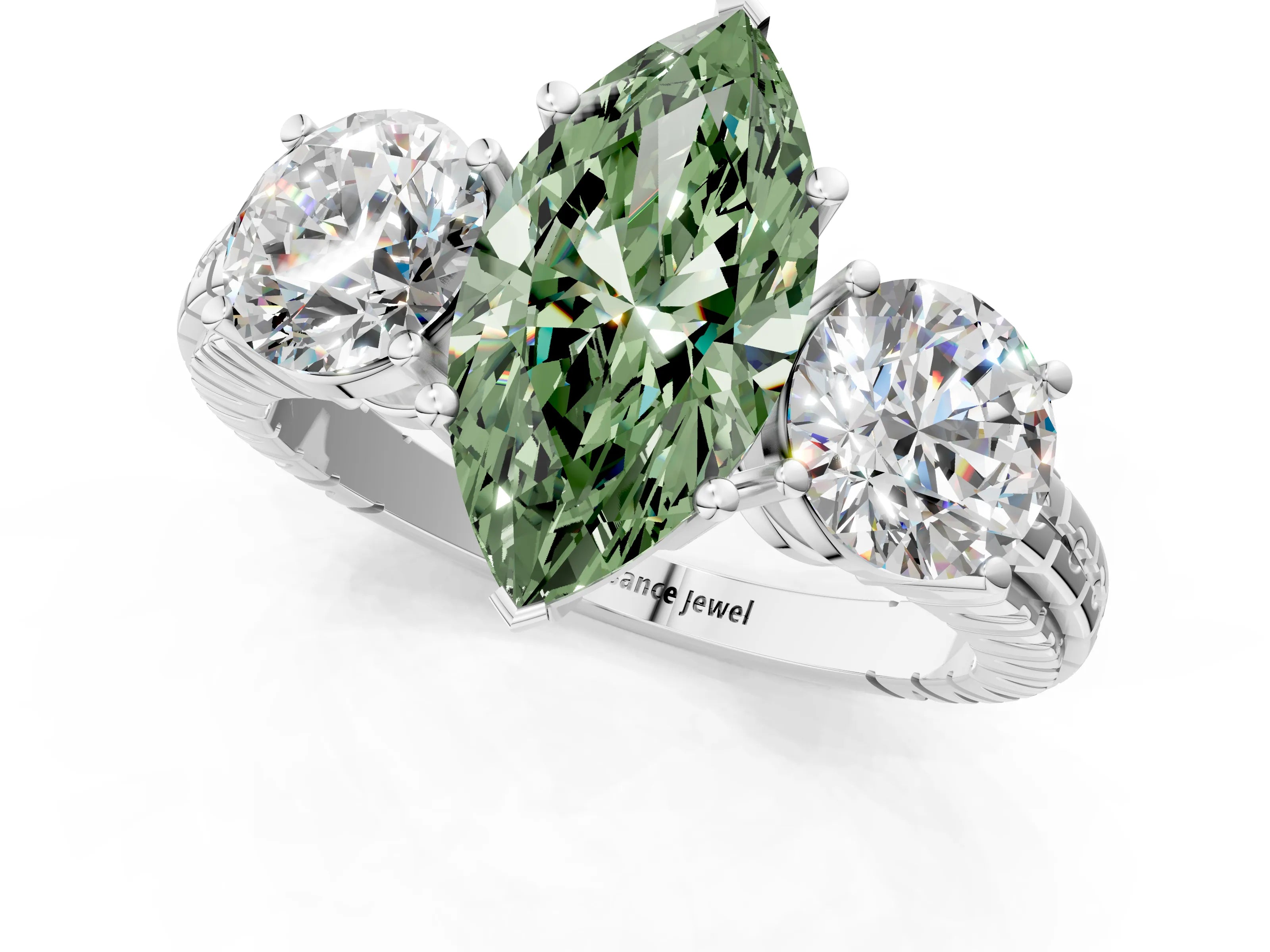 White gold Three-Stone Fancy Green Marquise Cut Cut Diamond Ring with Channel-Set Band and Prong Setting_1