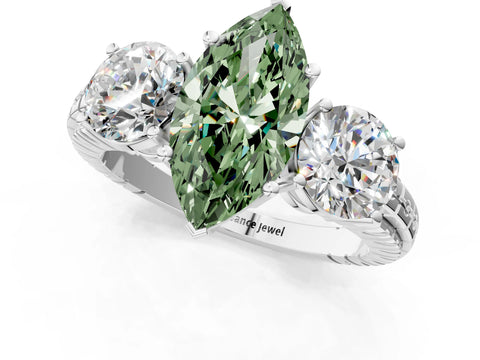 White gold Three-Stone Fancy Green Marquise Cut Cut Diamond Ring with Channel-Set Band and Prong Setting_1