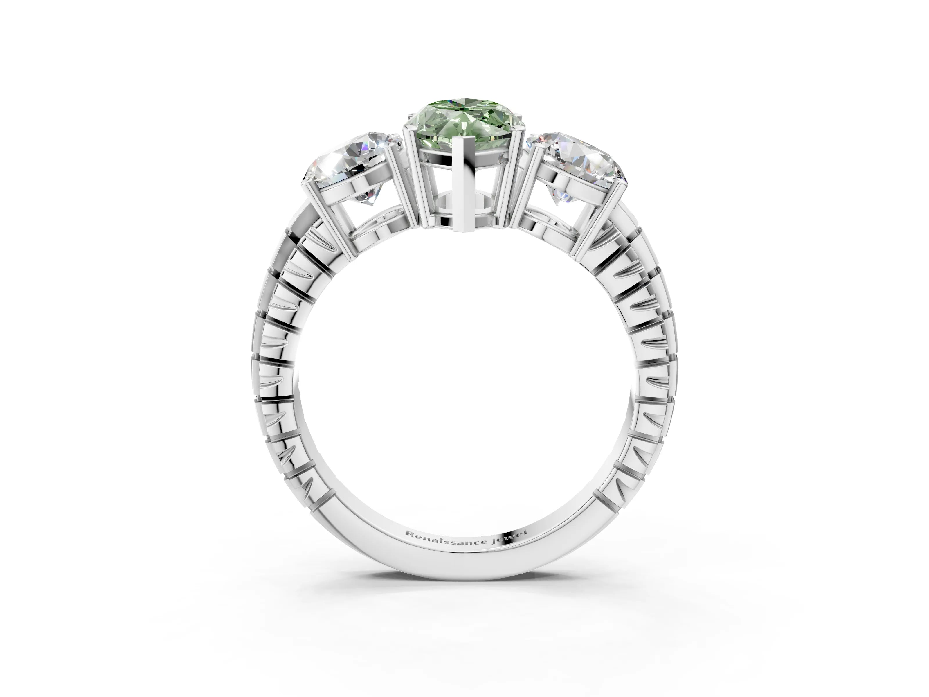 White gold Three-Stone Fancy Green Marquise Cut Cut Diamond Ring with Channel-Set Band and Prong Setting_3