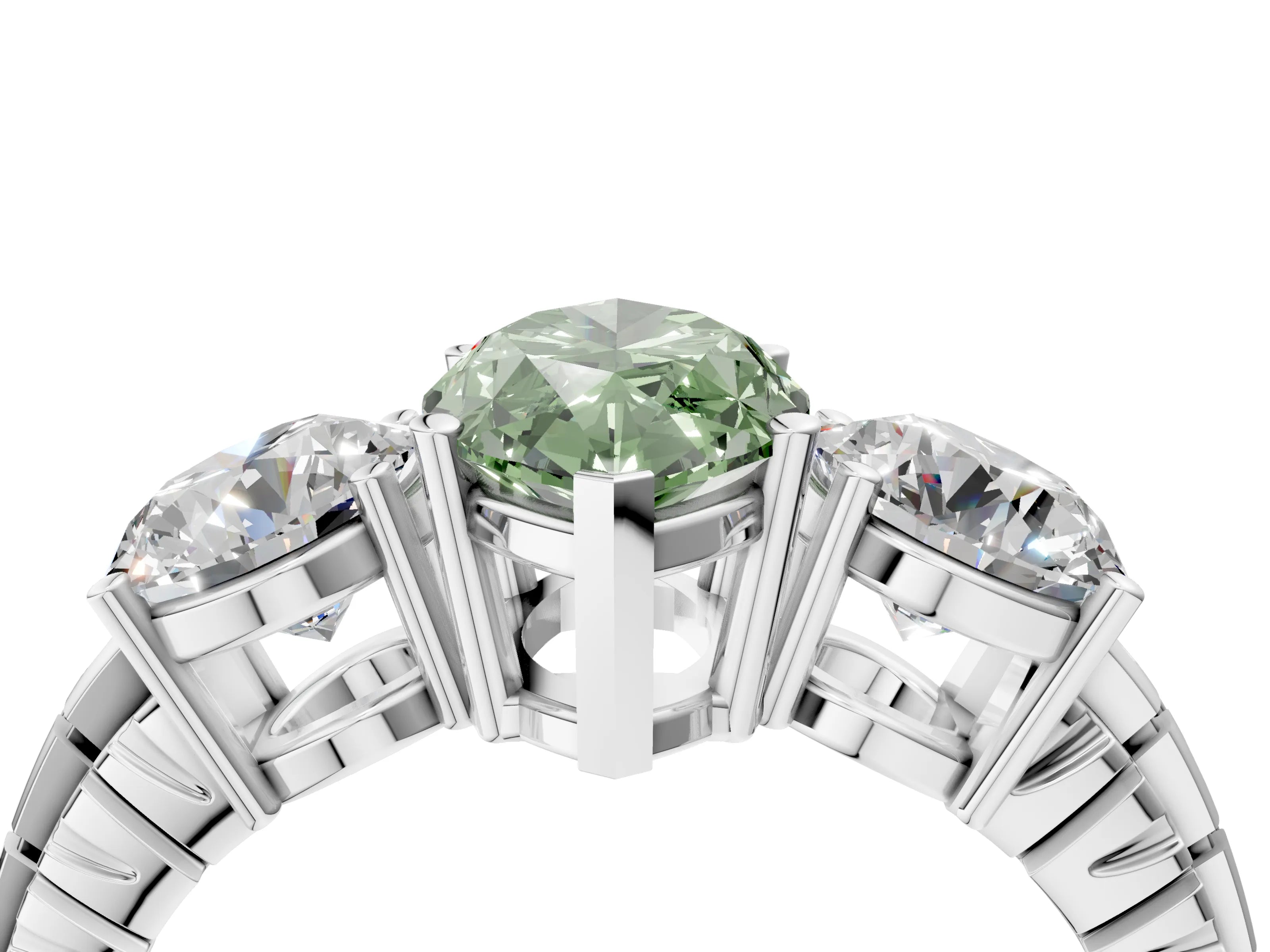 White gold Three-Stone Fancy Green Marquise Cut Cut Diamond Ring with Channel-Set Band and Prong Setting_4