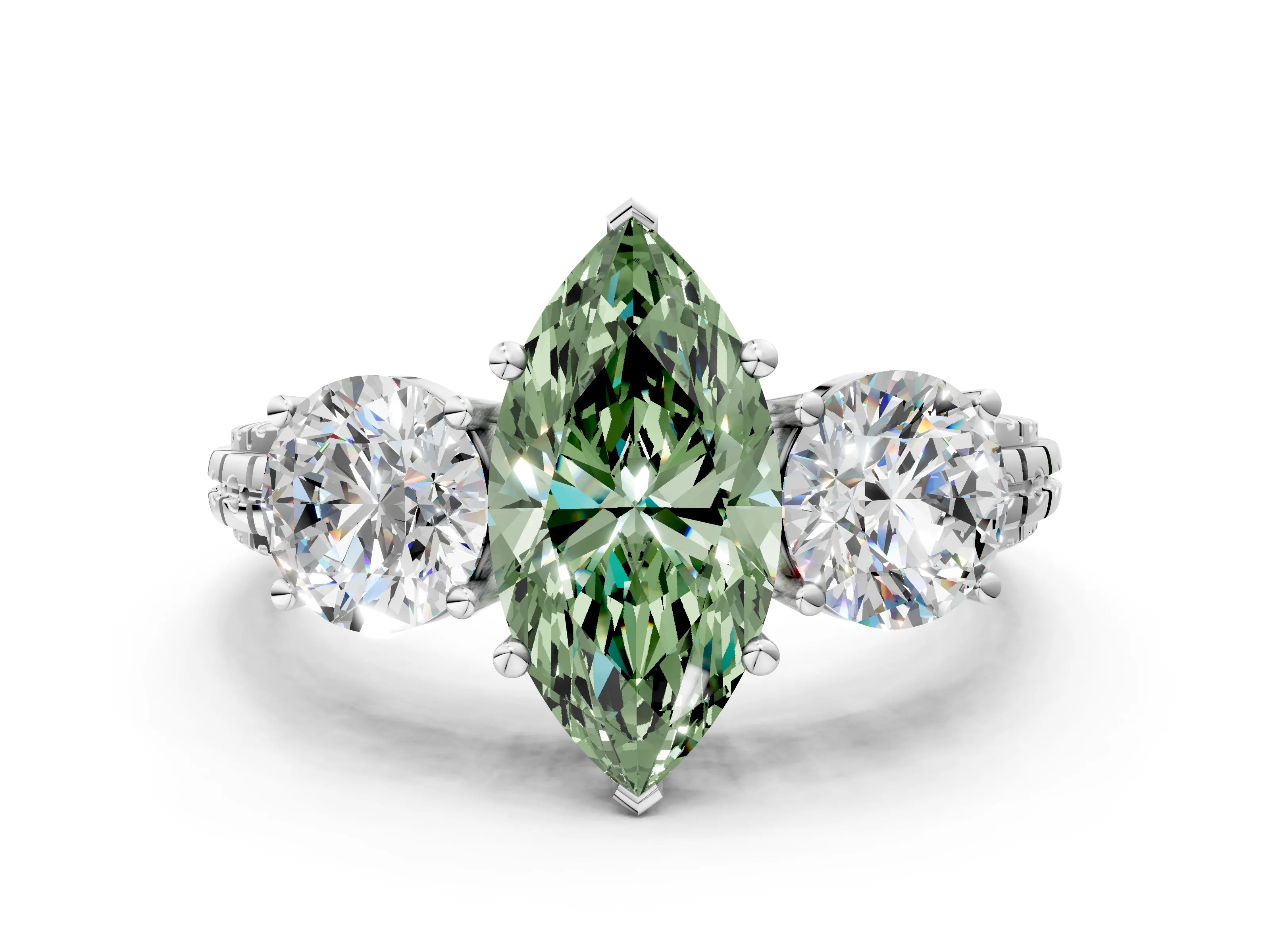 White gold Three-Stone Fancy Green Marquise Cut Cut Diamond Ring with Channel-Set Band and Prong Setting