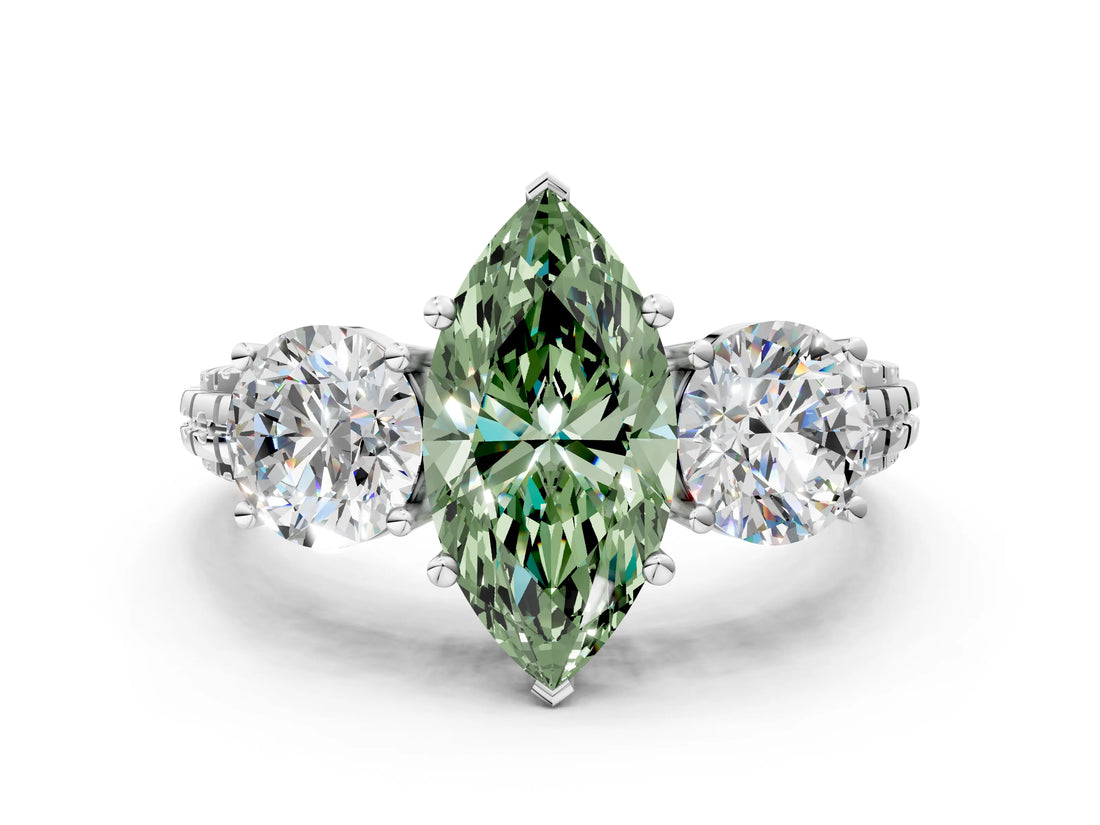 White gold Three-Stone Fancy Green Marquise Cut Cut Diamond Ring with Channel-Set Band and Prong Setting