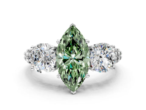 White gold Three-Stone Fancy Green Marquise Cut Cut Diamond Ring with Channel-Set Band and Prong Setting
