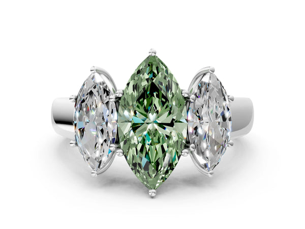 White gold Three-Stone Fancy Green Marquise Cut Cut Diamond Ring with Prong Setting and Classic Band