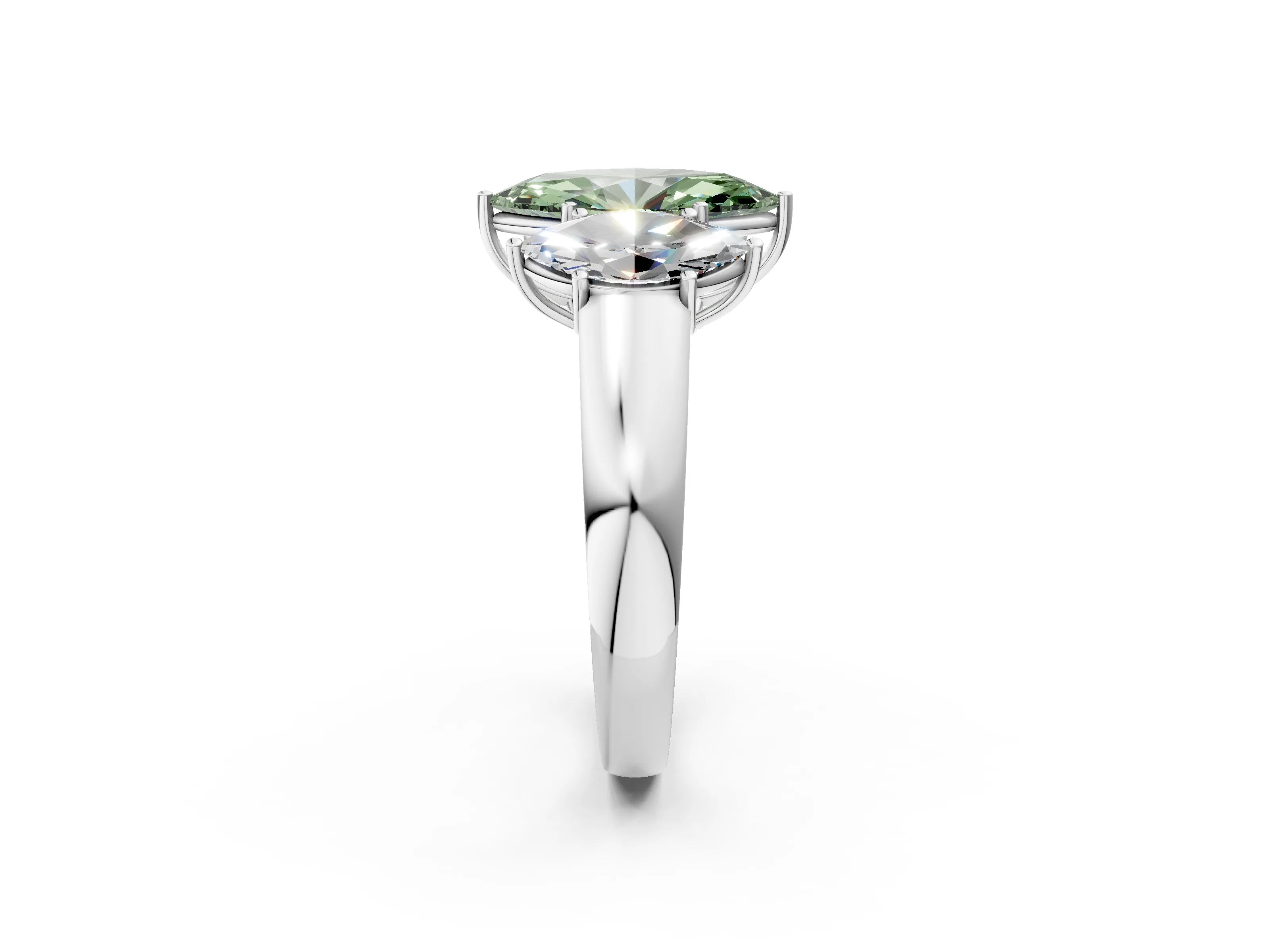 White gold Three-Stone Fancy Green Marquise Cut Cut Diamond Ring with Prong Setting and Classic Band_2