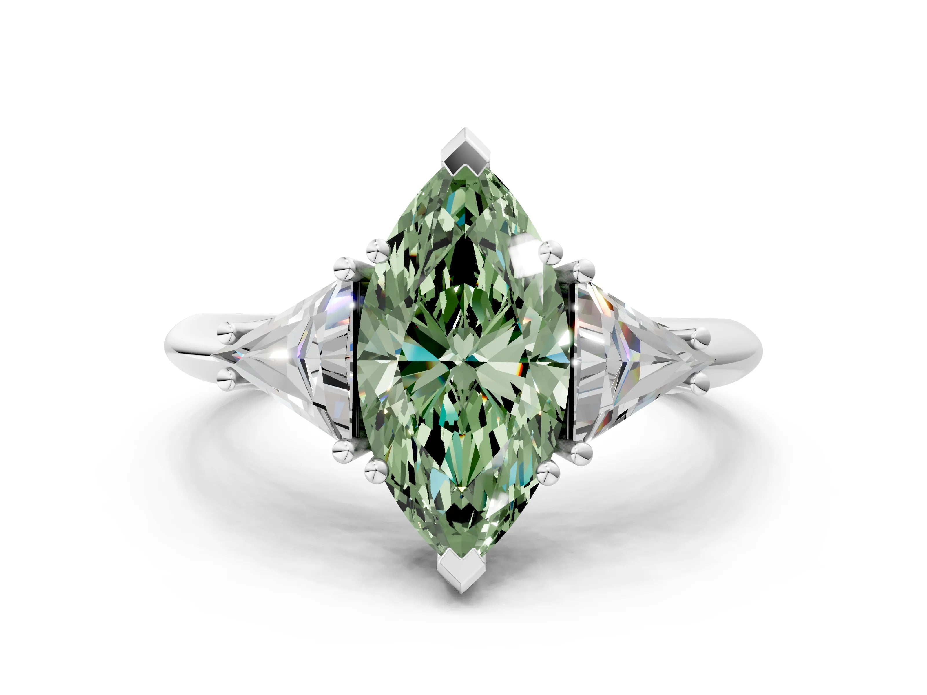 White gold Three-Stone Fancy Green Marquise Cut Cut Diamond Ring with Trillion Side Stones and Four-Prong Setting_11