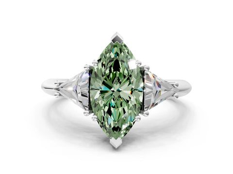 White gold Three-Stone Fancy Green Marquise Cut Cut Diamond Ring with Trillion Side Stones and Four-Prong Setting_11