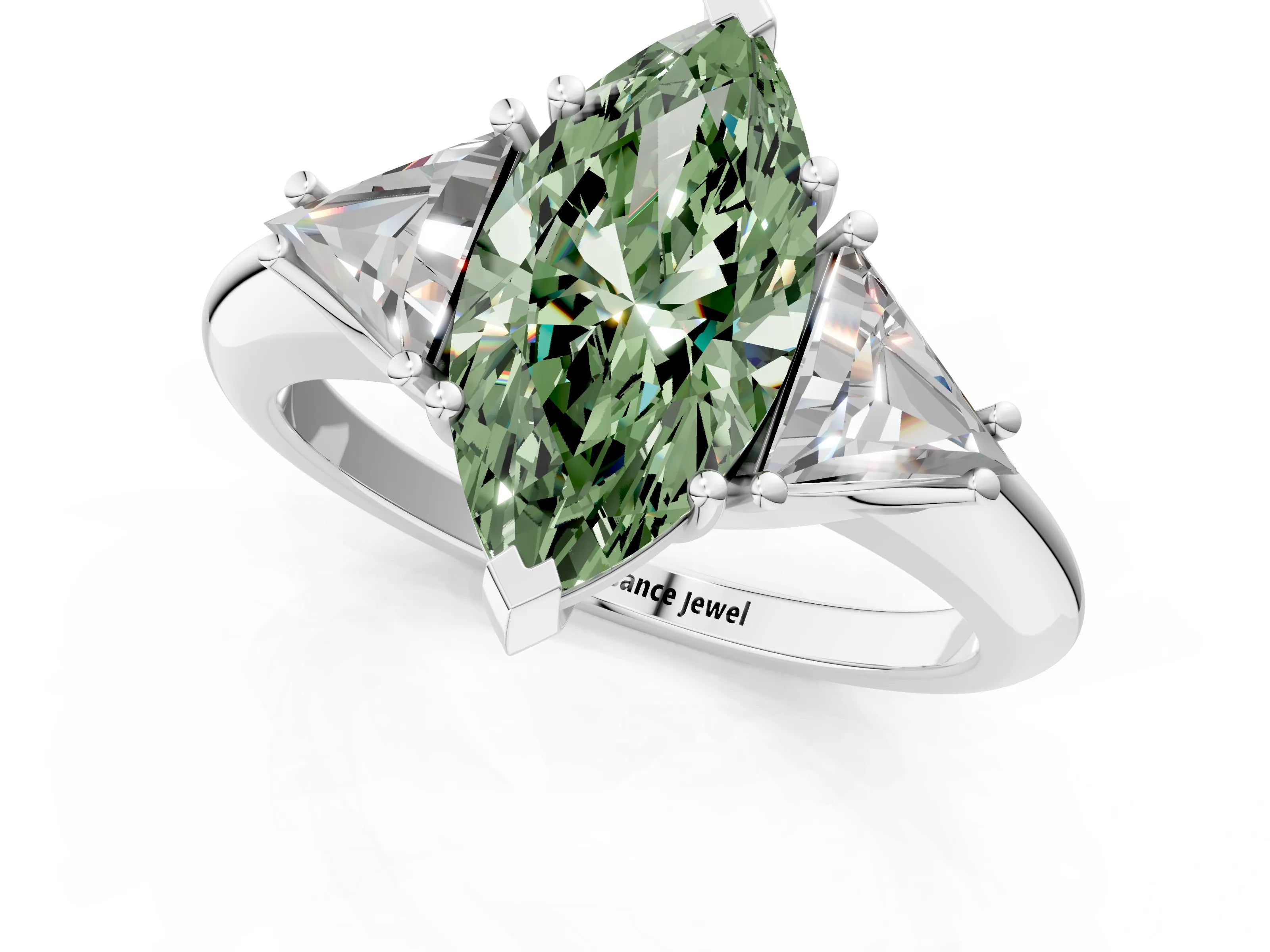 White gold Three-Stone Fancy Green Marquise Cut Cut Diamond Ring with Trillion Side Stones and Four-Prong Setting_12