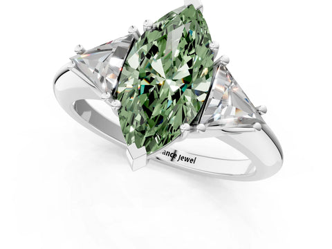 White gold Three-Stone Fancy Green Marquise Cut Cut Diamond Ring with Trillion Side Stones and Four-Prong Setting_12
