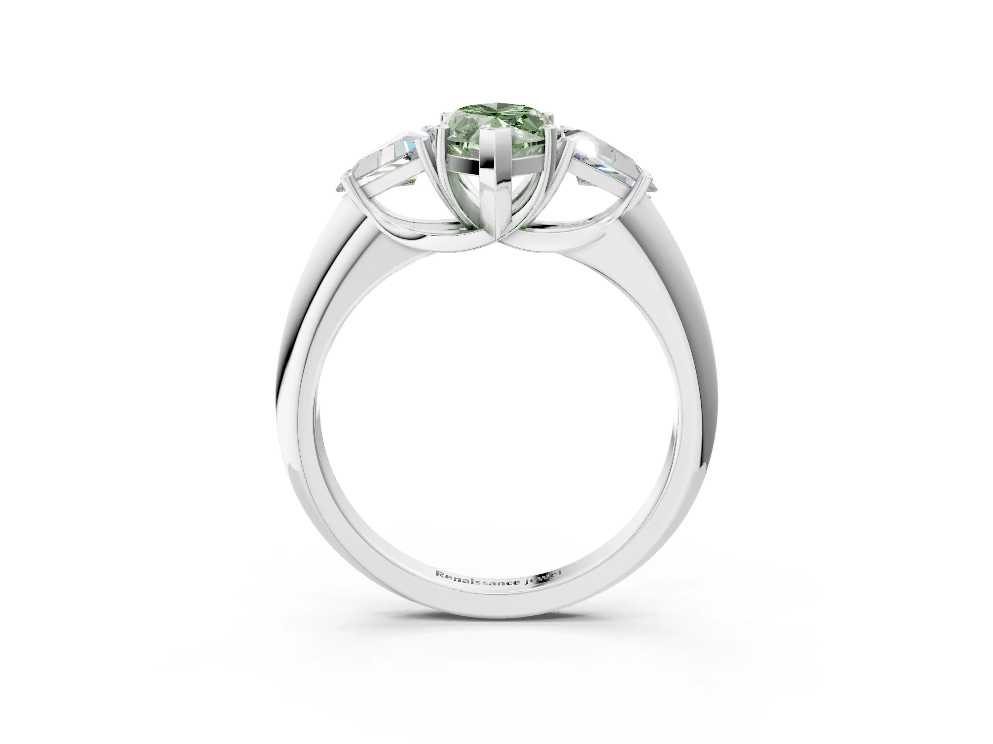 White gold Three-Stone Fancy Green Marquise Cut Cut Diamond Ring with Trillion Side Stones and Four-Prong Setting_14