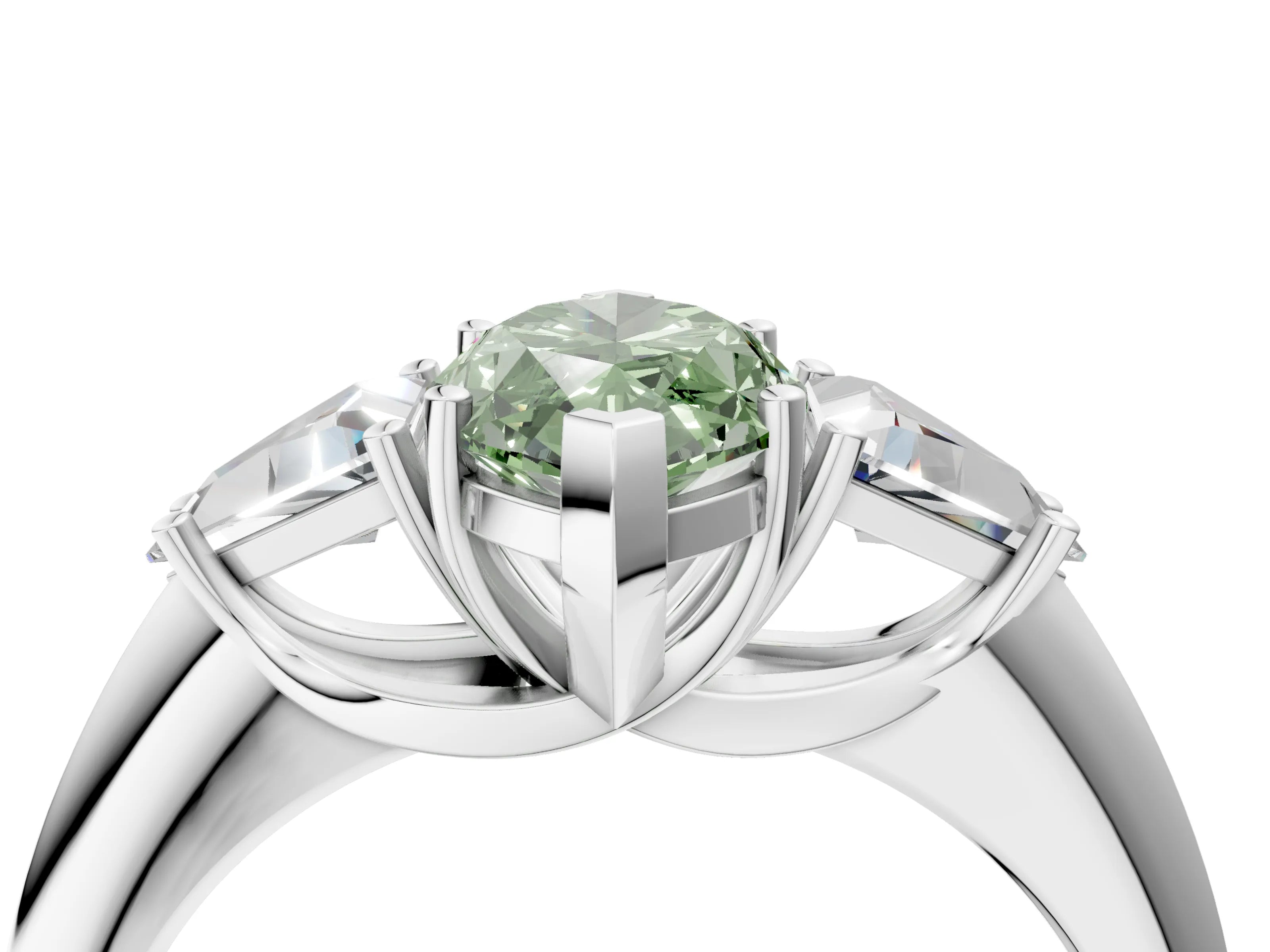 White gold Three-Stone Fancy Green Marquise Cut Cut Diamond Ring with Trillion Side Stones and Four-Prong Setting_15