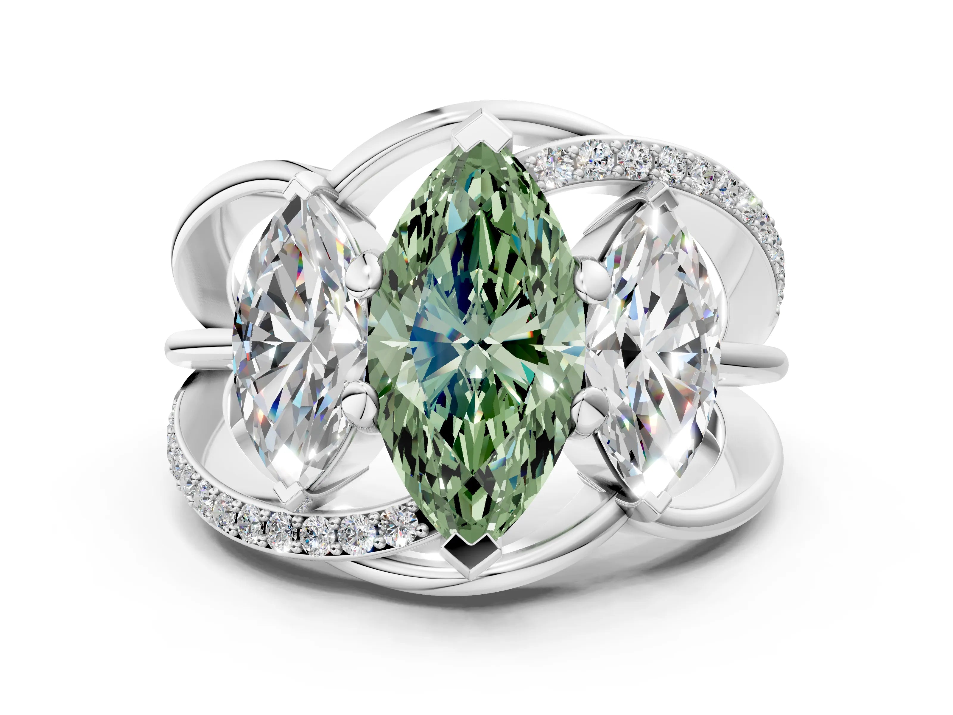 White gold Three-Stone Fancy Green Marquise Cut Cut Diamond Split Shank Prong Set Ring_12
