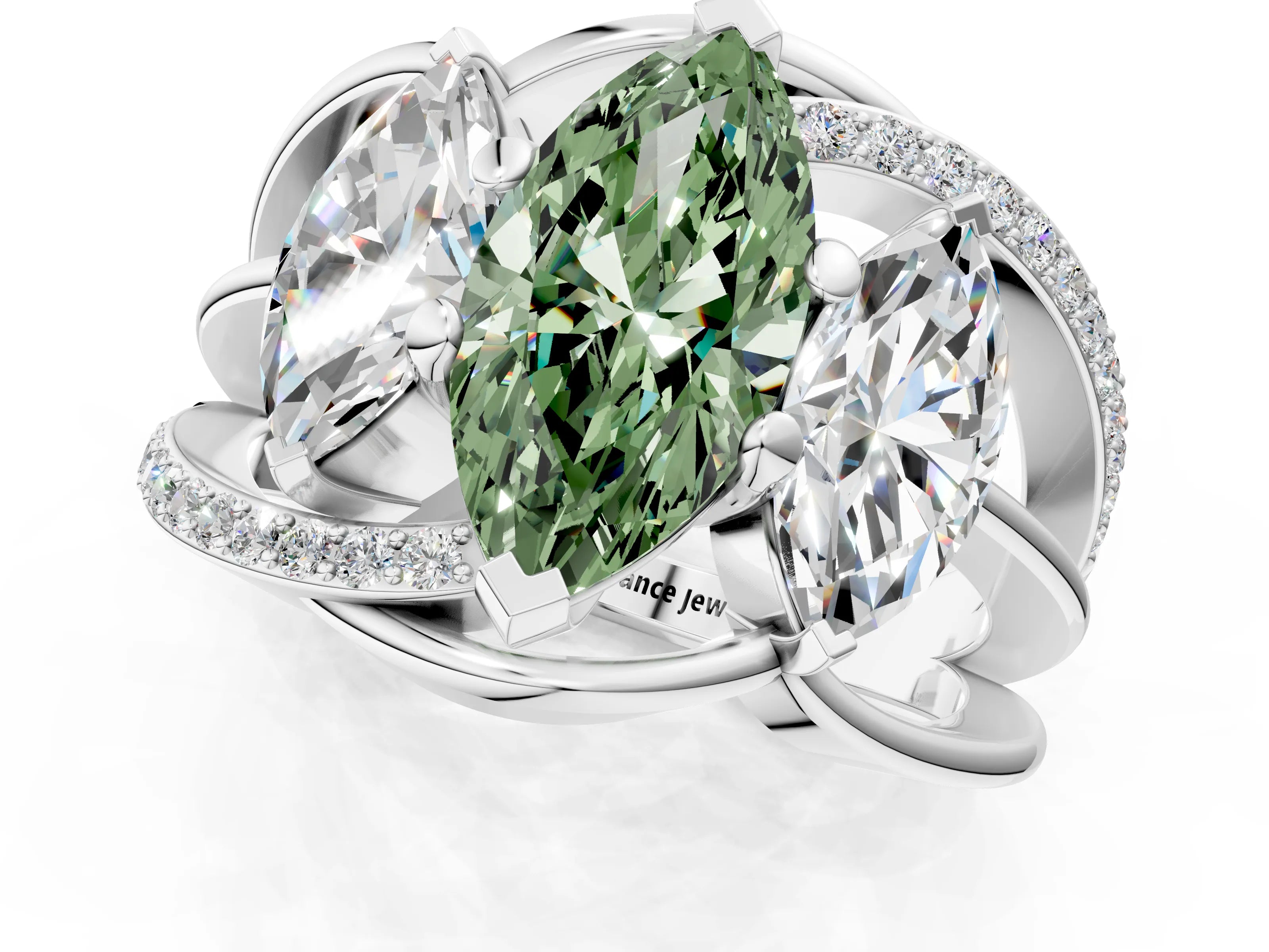 White gold Three-Stone Fancy Green Marquise Cut Cut Diamond Split Shank Prong Set Ring_13