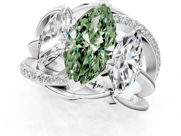 White gold Three-Stone Fancy Green Marquise Cut Cut Diamond Split Shank Prong Set Ring