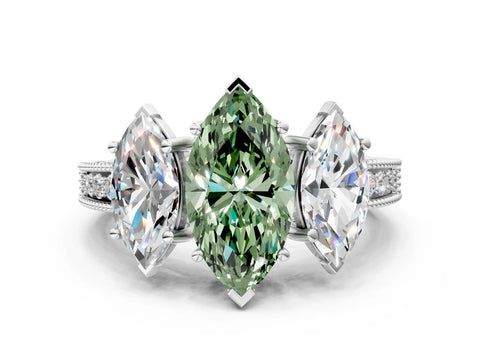 White gold Three-Stone Fancy Green Marquise Cut Cut Milgrain Pavé Engagement Ring_12