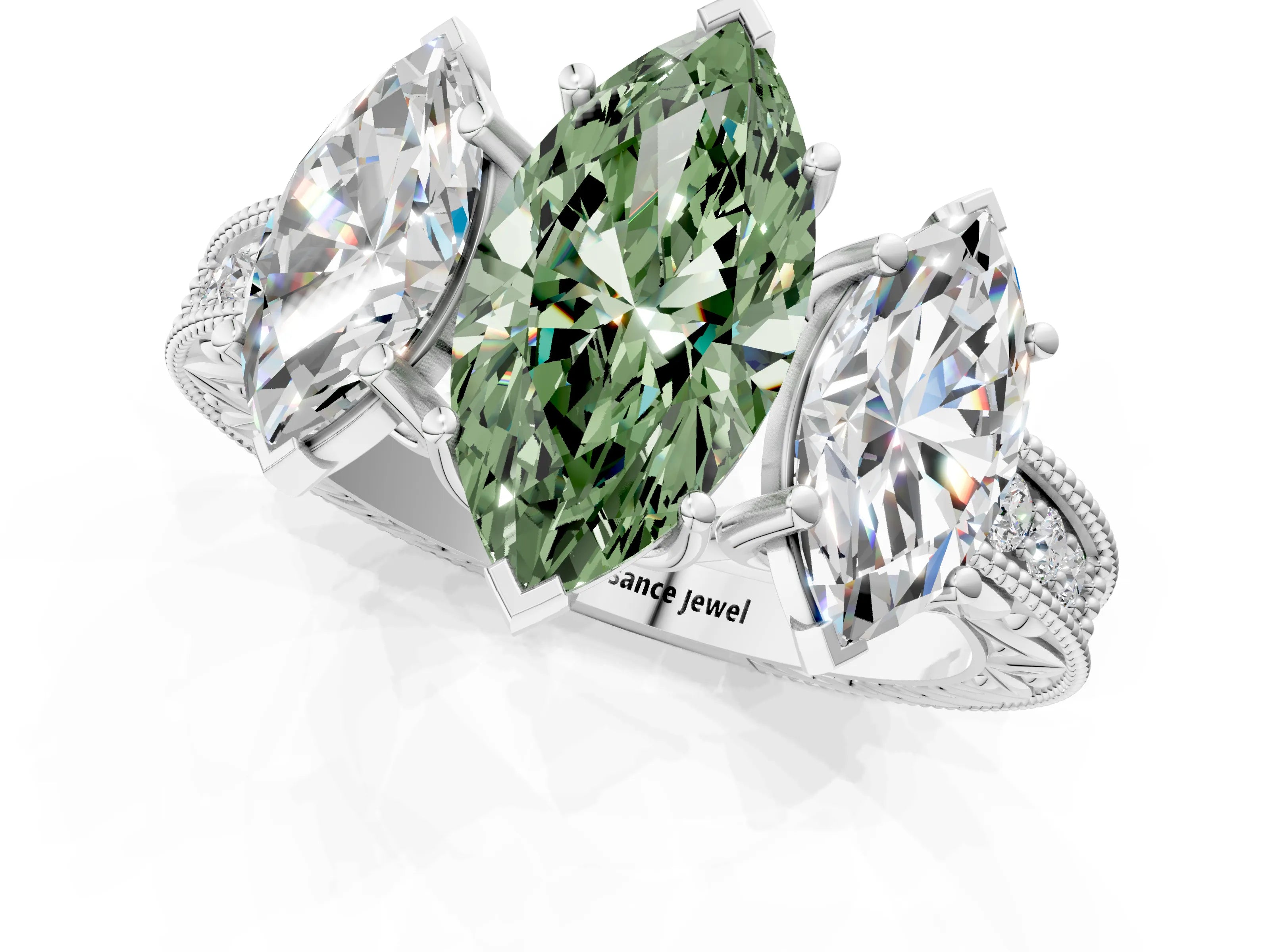 White gold Three-Stone Fancy Green Marquise Cut Cut Milgrain Pavé Engagement Ring_13