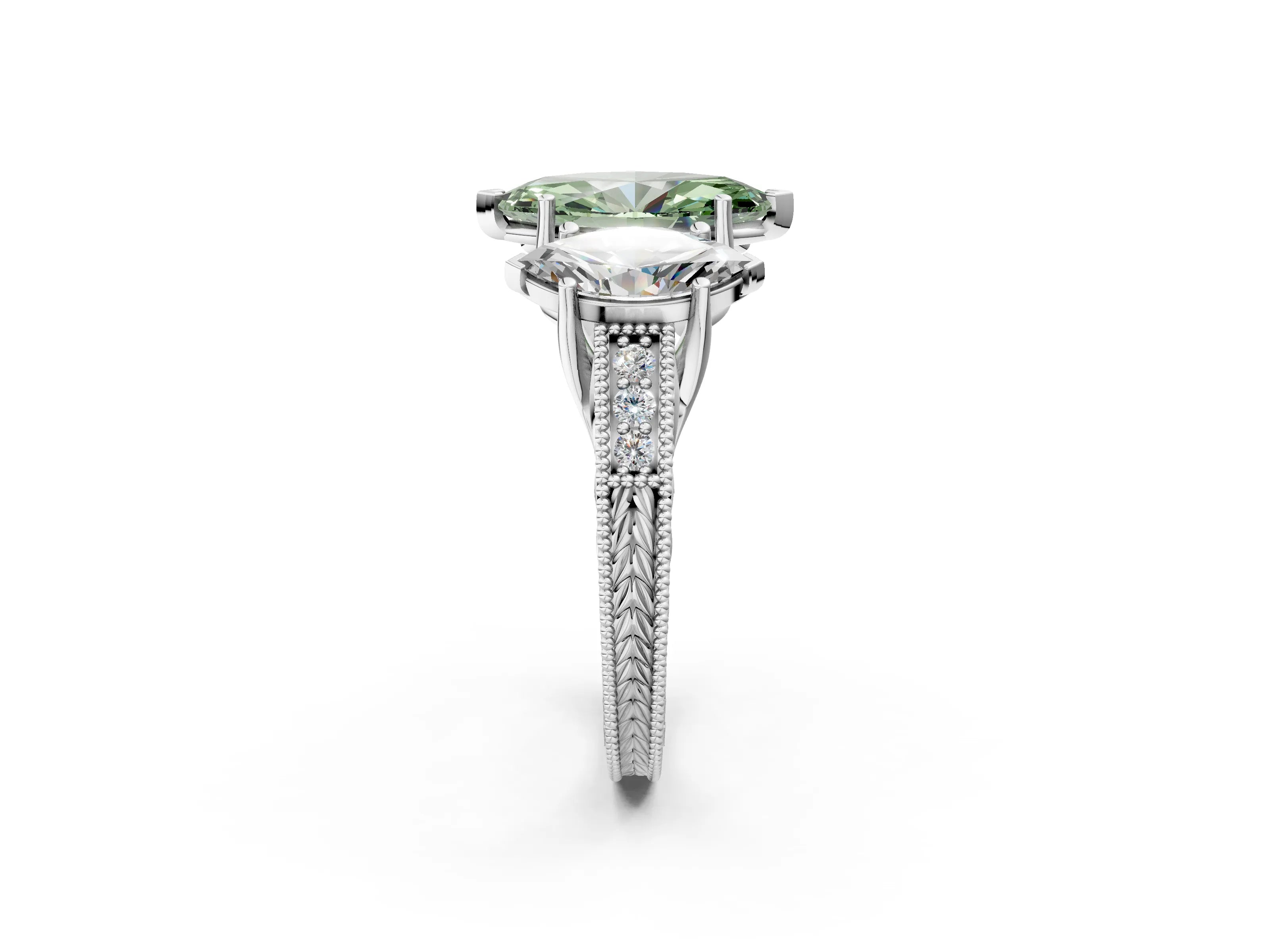 White gold Three-Stone Fancy Green Marquise Cut Cut Milgrain Pavé Engagement Ring_14