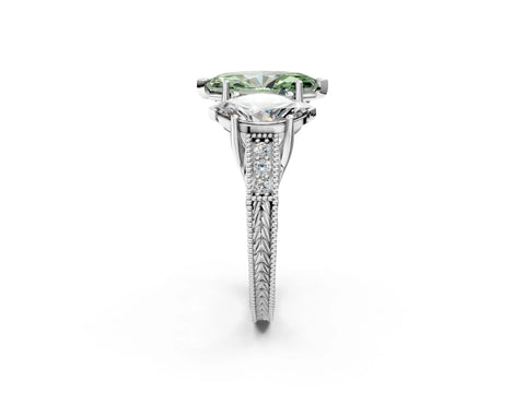 White gold Three-Stone Fancy Green Marquise Cut Cut Milgrain Pavé Engagement Ring_14
