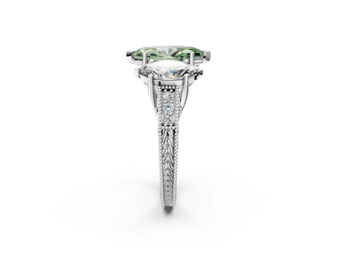 White gold Three-Stone Fancy Green Marquise Cut Cut Milgrain Pavé Engagement Ring_14