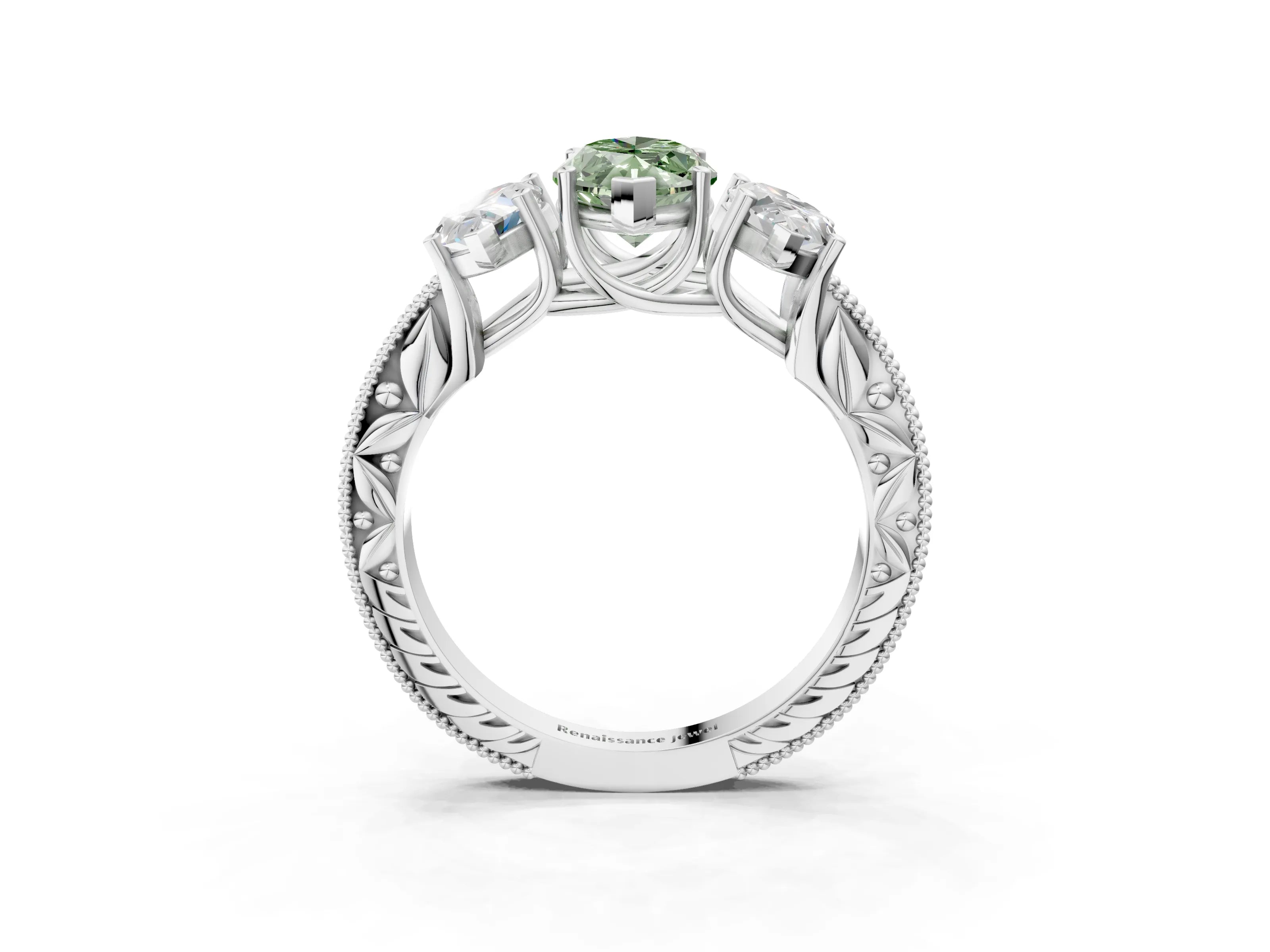 White gold Three-Stone Fancy Green Marquise Cut Cut Milgrain Pavé Engagement Ring_15