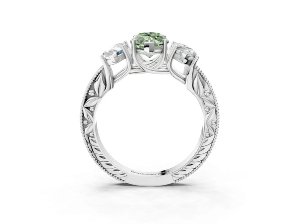 White gold Three-Stone Fancy Green Marquise Cut Cut Milgrain Pavé Engagement Ring