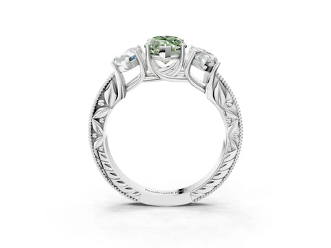 White gold Three-Stone Fancy Green Marquise Cut Cut Milgrain Pavé Engagement Ring_15