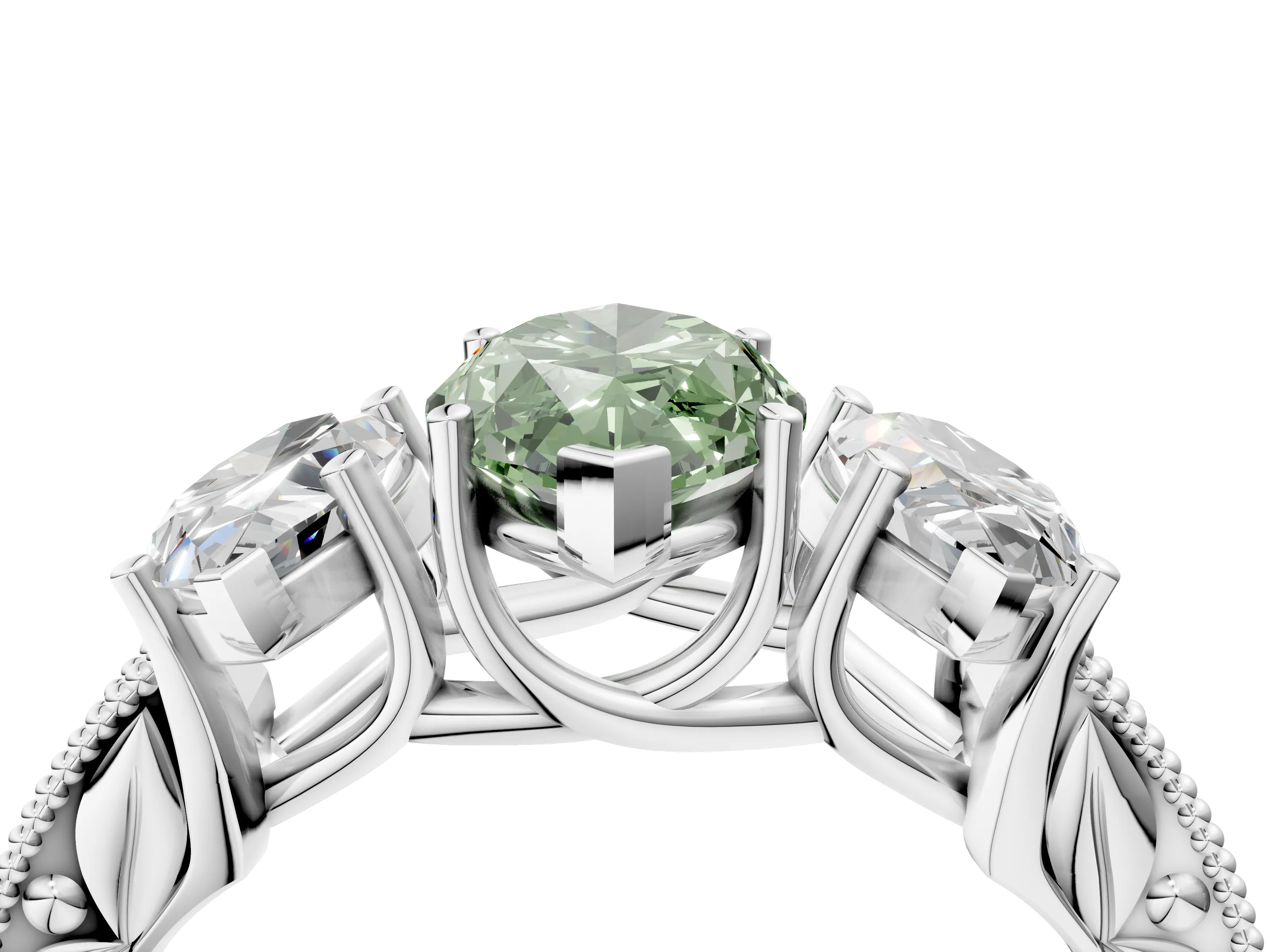 White gold Three-Stone Fancy Green Marquise Cut Cut Milgrain Pavé Engagement Ring_16