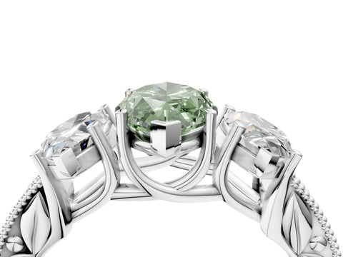 White gold Three-Stone Fancy Green Marquise Cut Cut Milgrain Pavé Engagement Ring_16