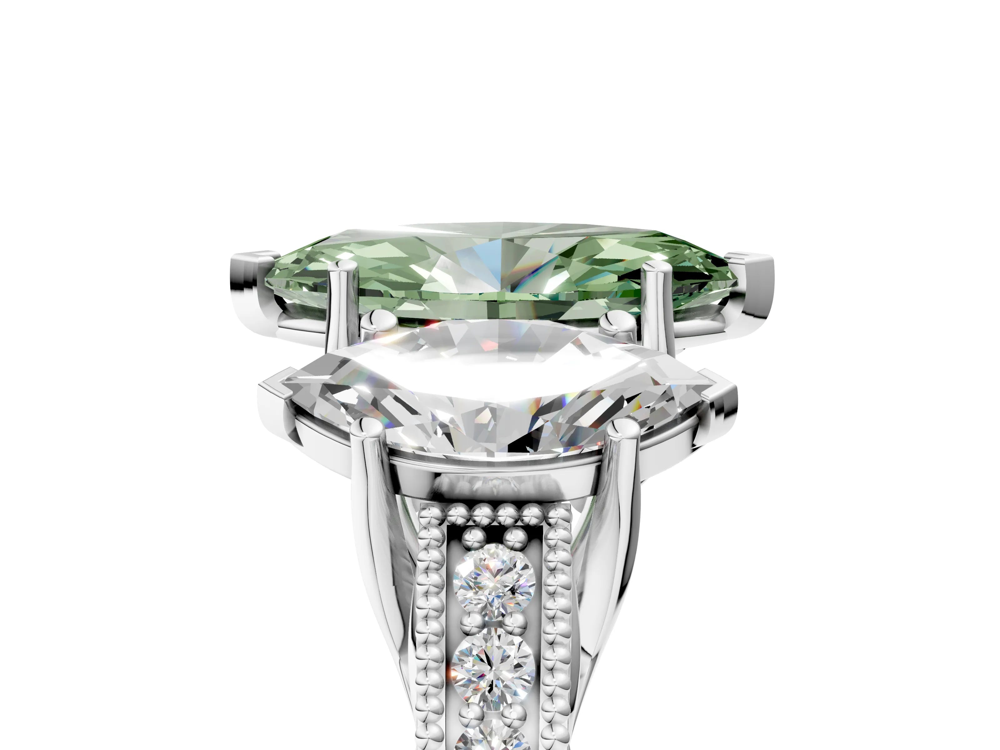 White gold Three-Stone Fancy Green Marquise Cut Cut Milgrain Pavé Engagement Ring_17