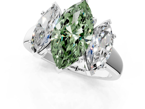 Platinum Three-Stone Fancy Green Marquise Cut Cut Solitaire Ring with Classic Prong Setting