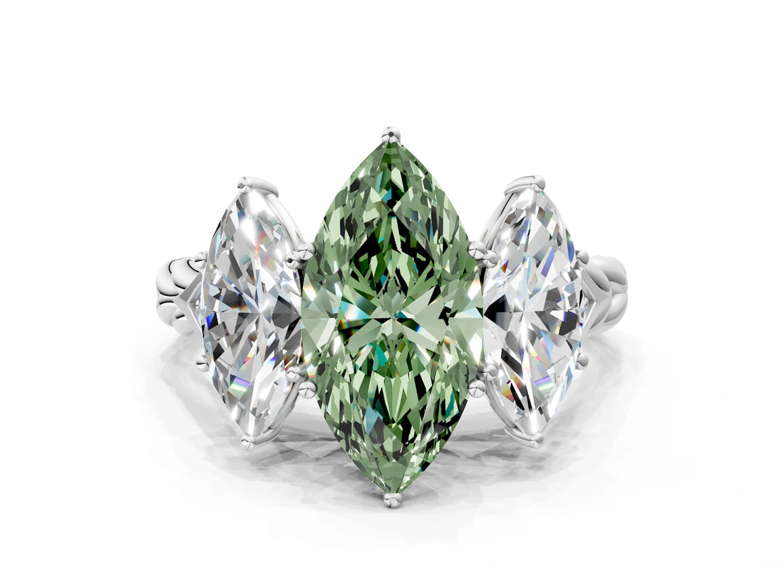 White gold Three-Stone Fancy Green Marquise Cut Diamond Braided Band Ring with Four-Prong Setting_32