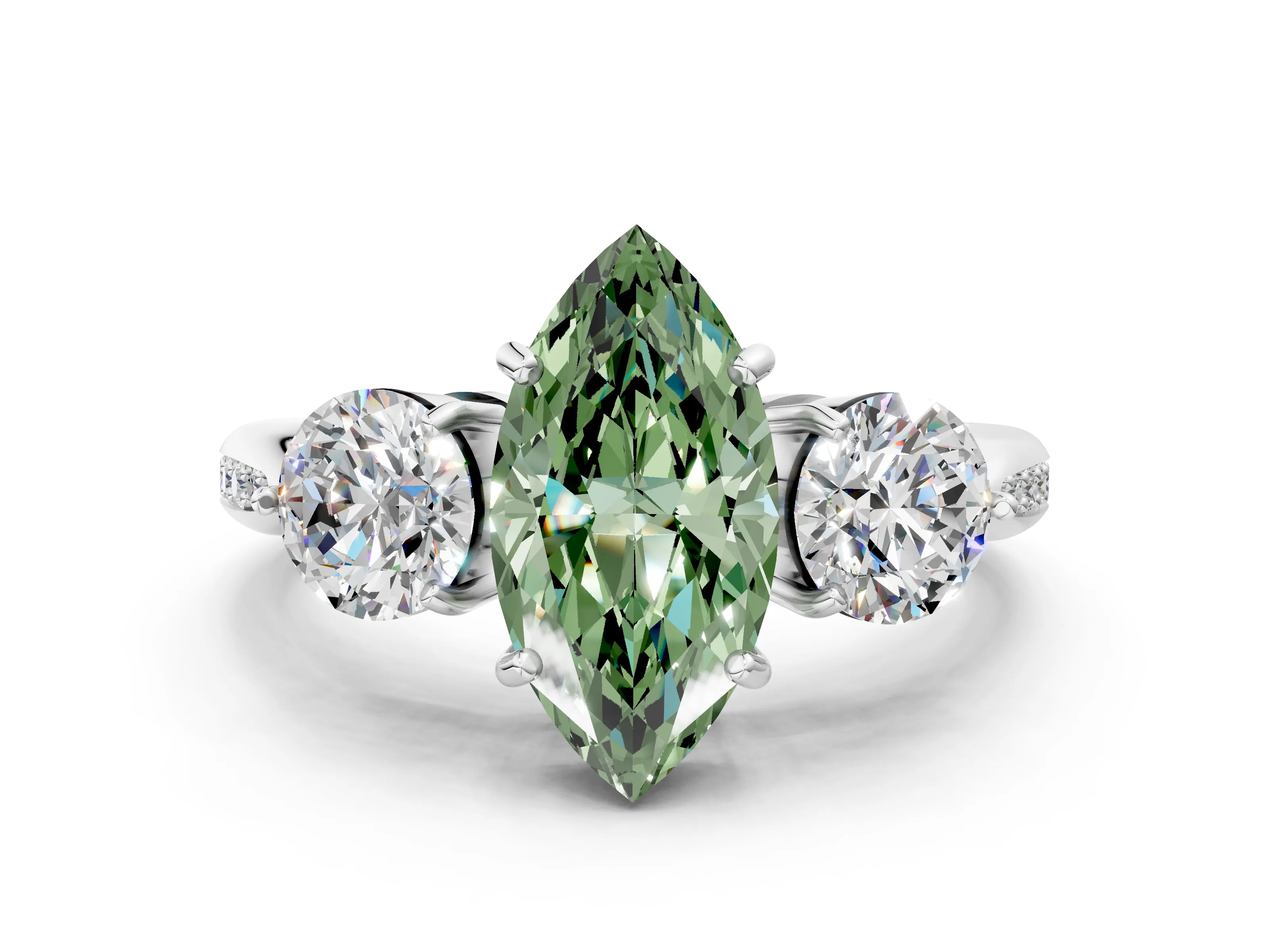 White gold Three-Stone Fancy Green Marquise Cut Diamond Channel Set Engagement Ring with Prong Setting_12