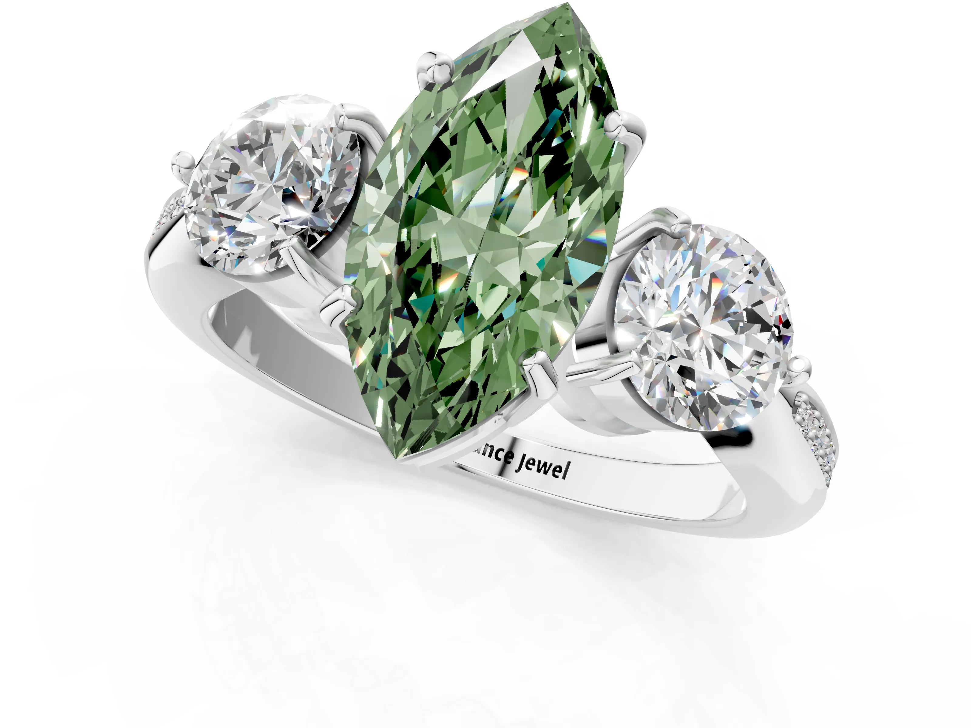 White gold Three-Stone Fancy Green Marquise Cut Diamond Channel Set Engagement Ring with Prong Setting_13