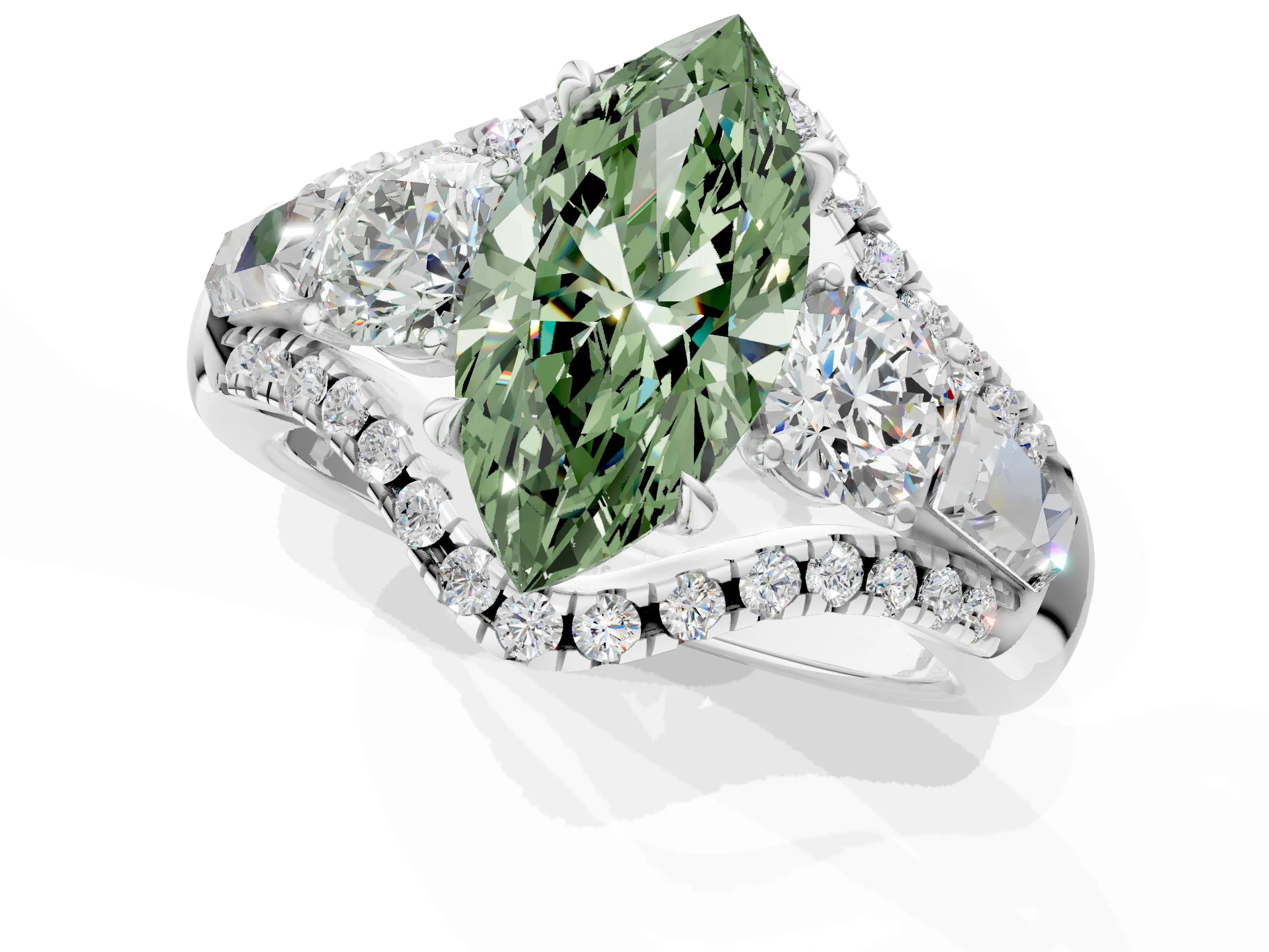 White gold Three-Stone Fancy Green Marquise Cut Diamond Engagement Ring with Pave Band and Prong Setting_1