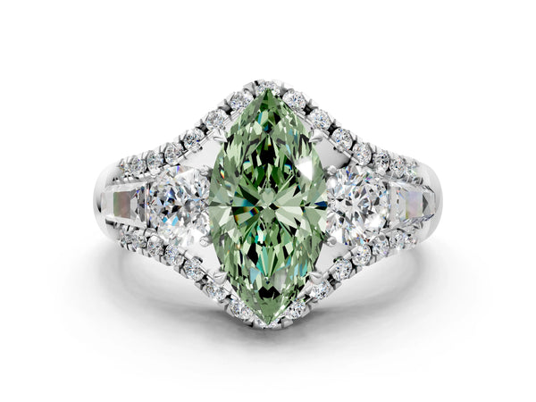 Platinum Three-Stone Fancy Green Marquise Cut Diamond Engagement Ring with Pave Band and Prong Setting