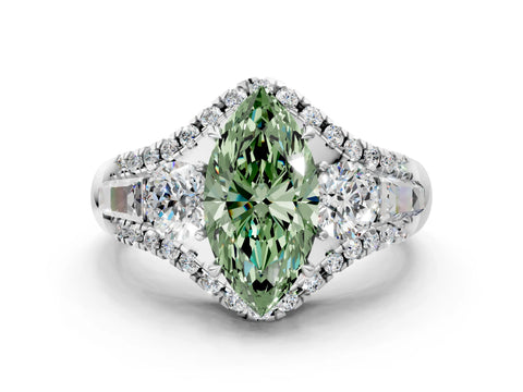 White gold Three-Stone Fancy Green Marquise Cut Diamond Engagement Ring with Pave Band and Prong Setting_12