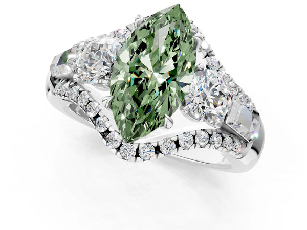 Platinum Three-Stone Fancy Green Marquise Cut Diamond Engagement Ring with Pave Band and Prong Setting