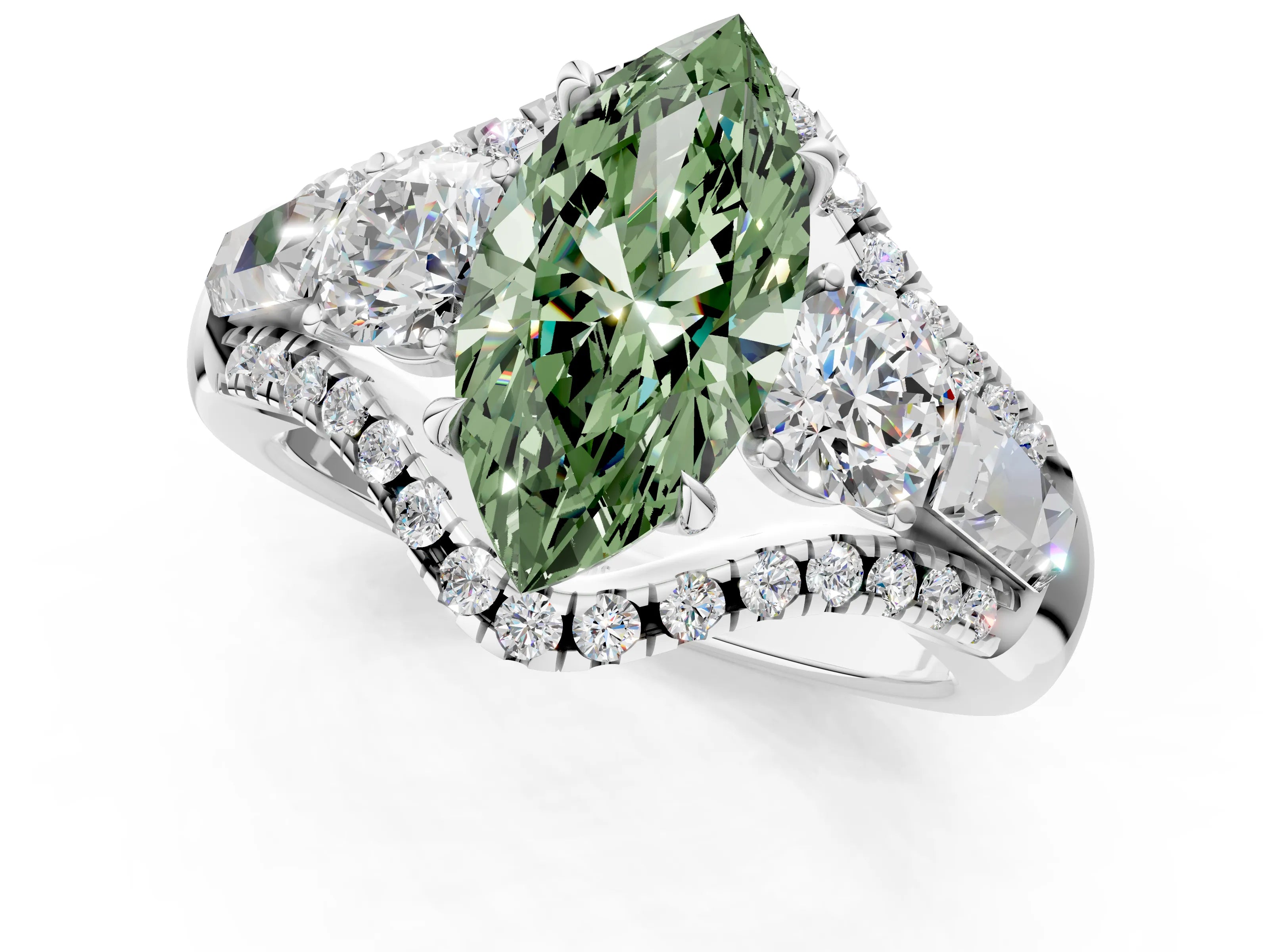 White gold Three-Stone Fancy Green Marquise Cut Diamond Engagement Ring with Pave Band and Prong Setting_13