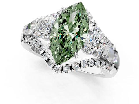 White gold Three-Stone Fancy Green Marquise Cut Diamond Engagement Ring with Pave Band and Prong Setting_13