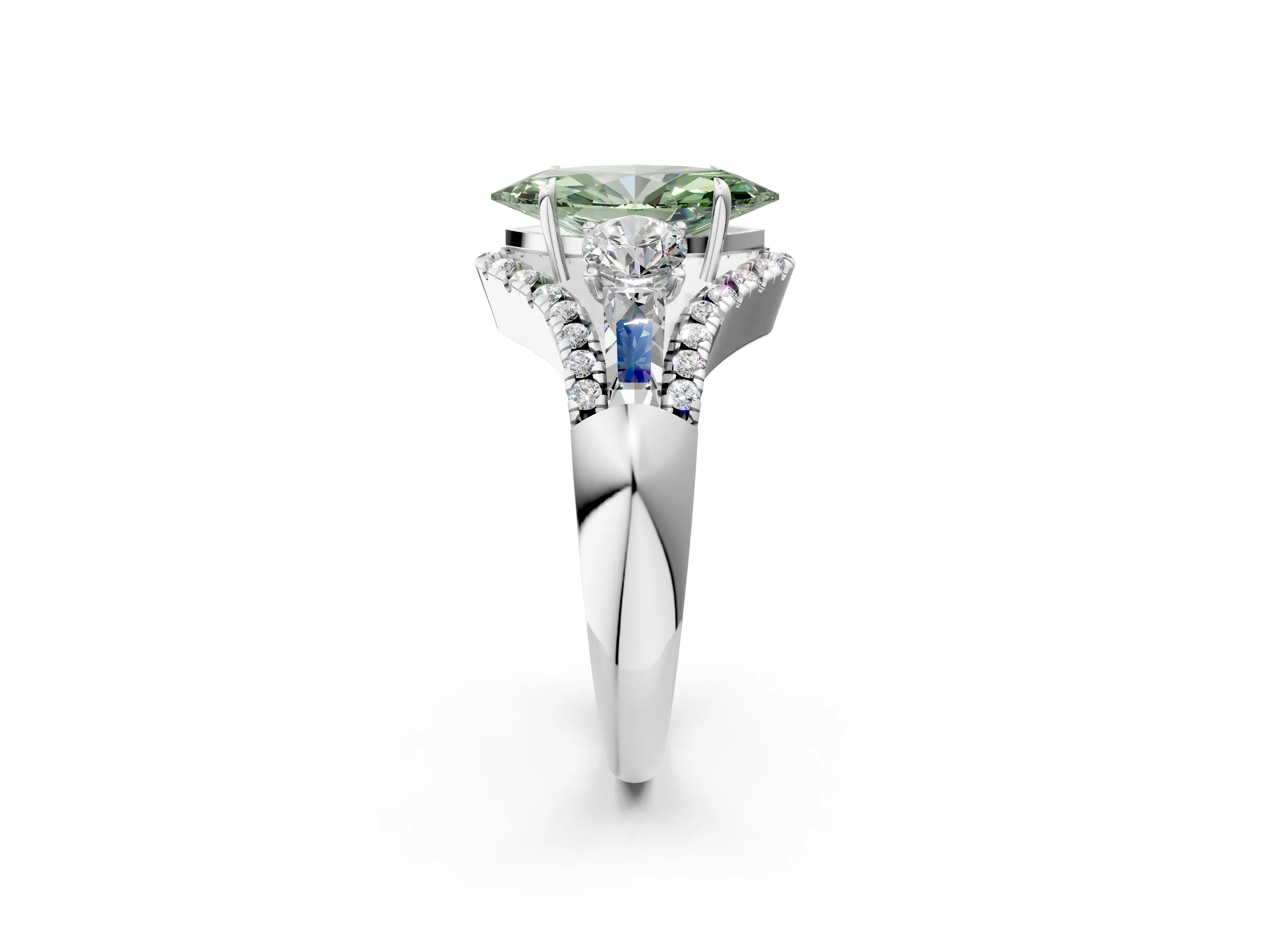 White gold Three-Stone Fancy Green Marquise Cut Diamond Engagement Ring with Pave Band and Prong Setting_14